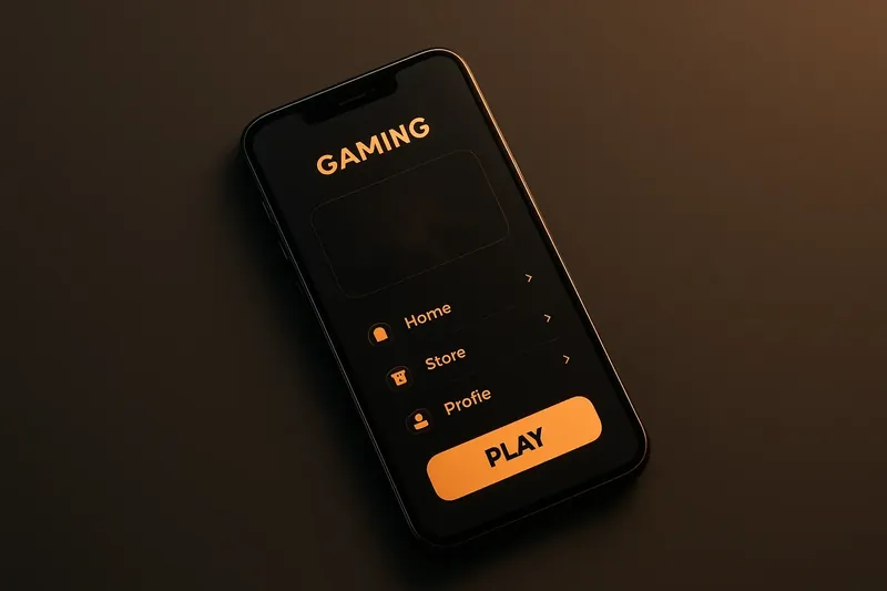 Modern smartphone floating with dark premium gaming app UI and glow