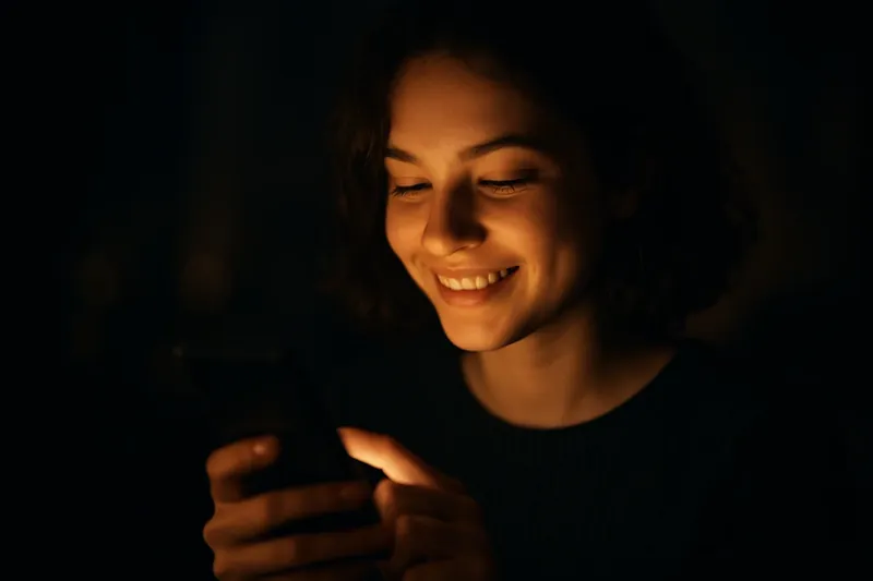 Young person smiling while tapping phone in warm screen light