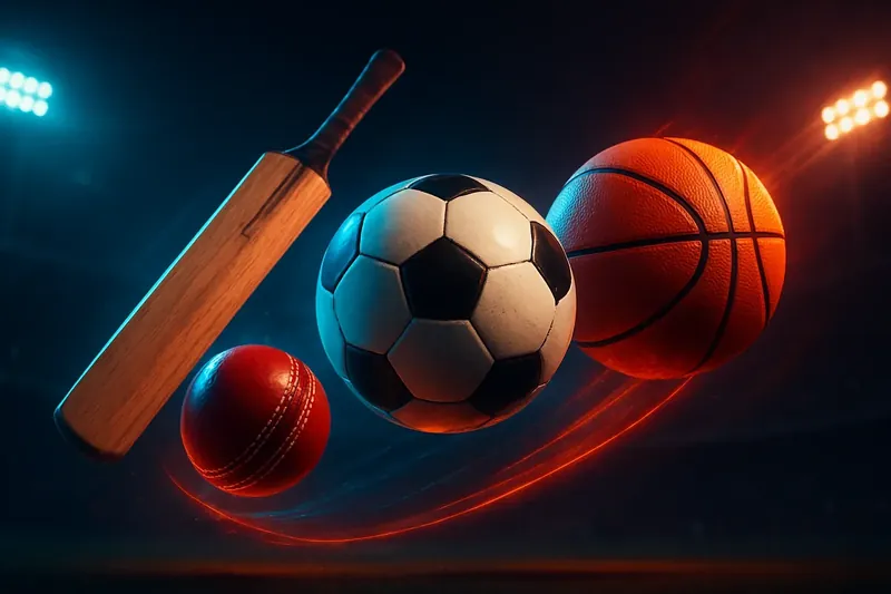 Cricket bat and ball, football, basketball on dark neon stadium background