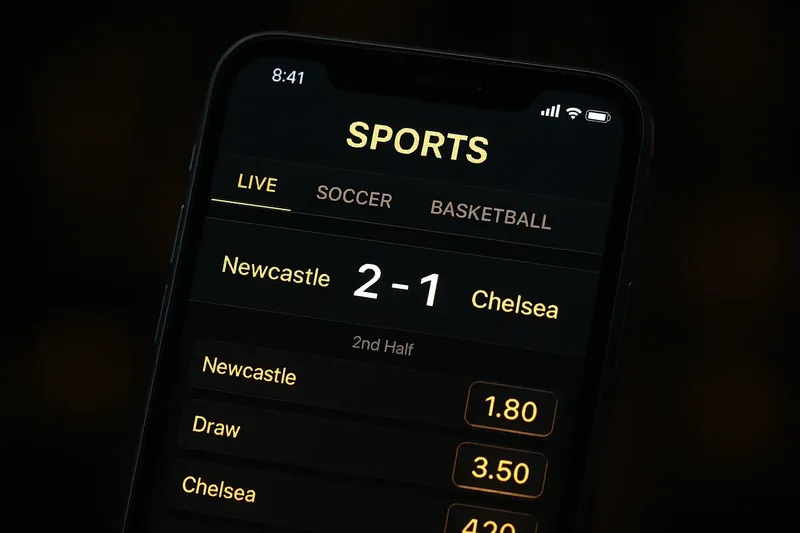 Close-up of sports betting app with glowing odds and live scores