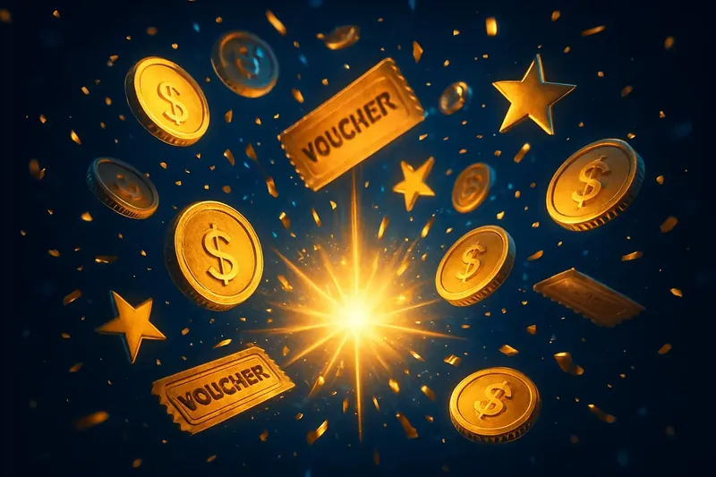 Golden coins, voucher tickets, and stars exploding from bright flash