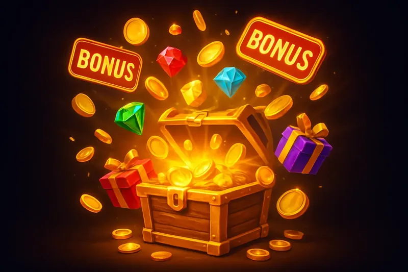 Golden treasure chest bursting with coins, gems, gifts, and bonus tags