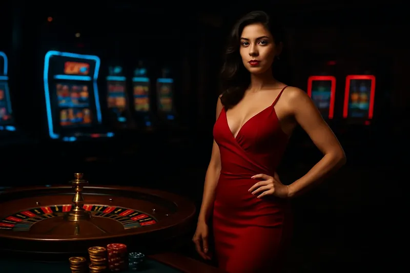 Bangladesh casino homepage banner with woman in red dress by roulette and slots