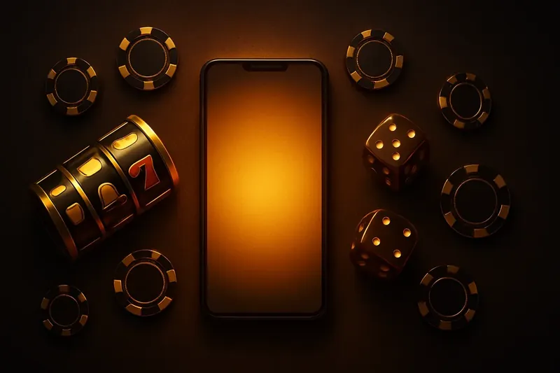 Glowing smartphone with floating casino chips, dice, and slot reels