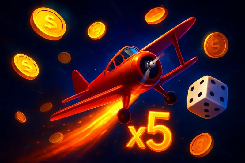 Aviator Crash Game Red airplane soaring with glowing multiplier trail, coins and dice floating