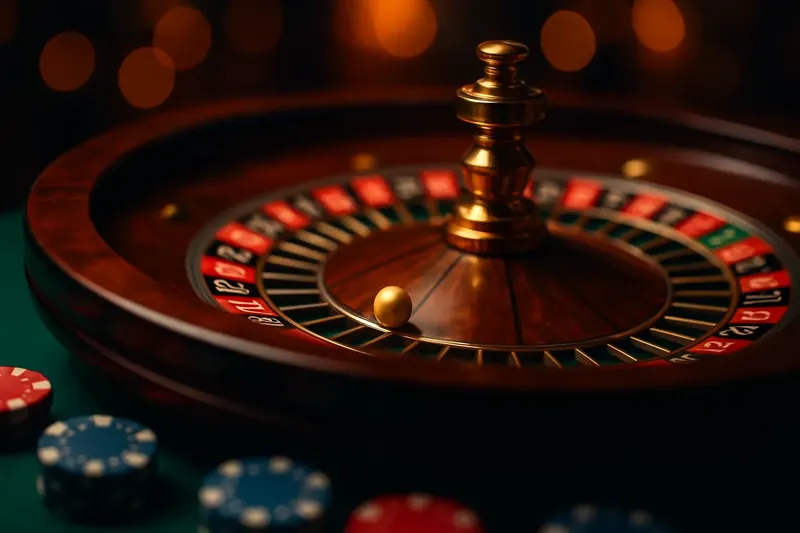 Close-up roulette wheel spinning with golden ball, green felt and chips
