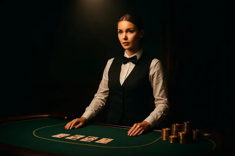 Professional female dealer at green felt live casino table with golden chips