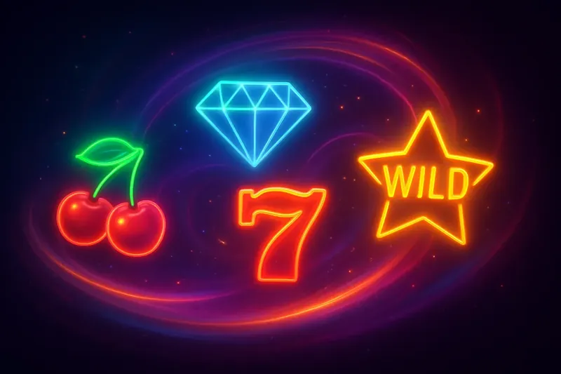 Colorful slot symbols in magical neon swirl on dark background