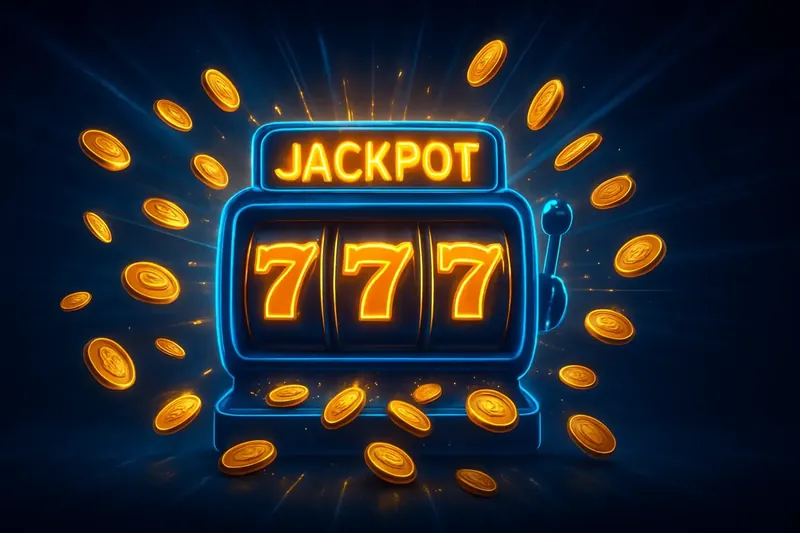 Slot machine jackpot with golden 777 reels, coins and neon light beams